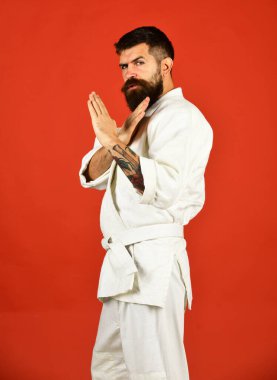 Japon dövüş sanatları konsepti. Beyaz kimonolu sakallı adam.