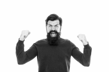 Olumlu duygularını ifade eden bir adam. Başarı ve zaferi kutlamak. Piyango talihlisi. Gerçek şampiyon. İnsan yüz ifadeleri. Tamamen mutlu bir adam. Sakallı hippi, mutlu ol.