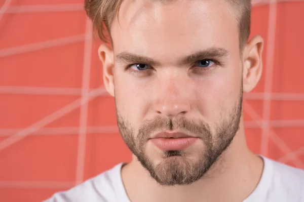 Homem barbudo com pele jovem e saudável. Um tipo com barba e bigode. Macho com a cara raspada. Artesanato barba e cuidados na barbearia ou salão. Skincare e conceito de beleza dos homens — Fotografia de Stock