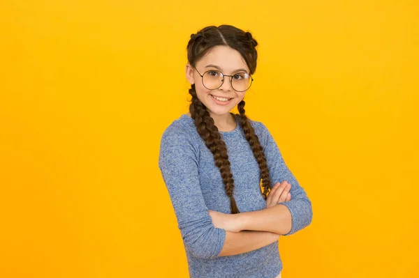 Intelectual. A miúda usa óculos de proteção. De volta ao conceito de escola. Bonita aluna. Criança esperta. Feliz infância. Adoro estudar. Bebé esperto. Uma estudante romântica. Nerd adorável da escola — Fotografia de Stock