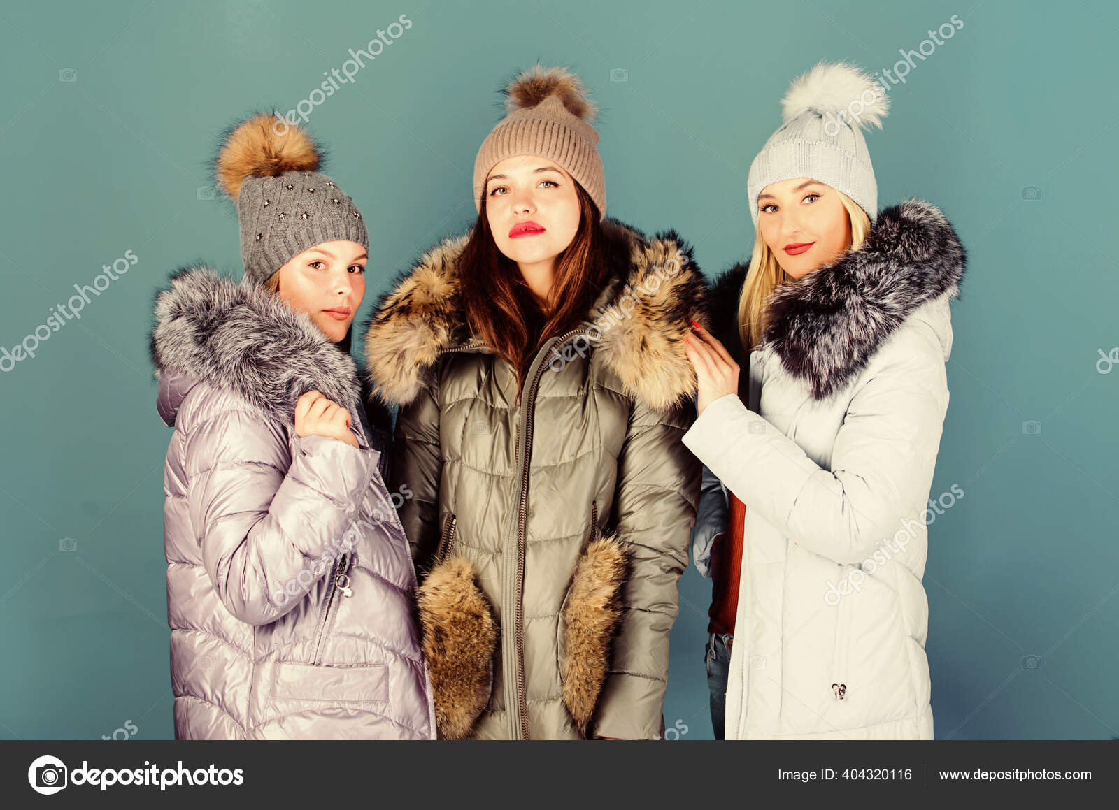 Trendy winter coat. girls in beanie. flu and cold. seasonal