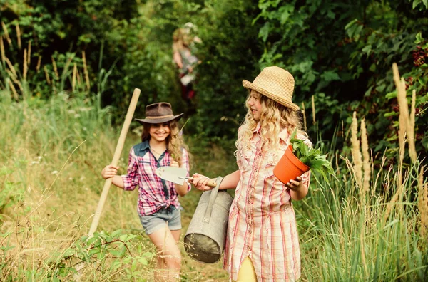 Menina com vaso planta. agricultura e agricultura. lado do país primavera. meninas pequenas agricultor na aldeia. Dia da Terra. fazenda da família de verão. crianças segurar ferramentas de jardinagem. ecologia e protecção do ambiente — Fotografia de Stock