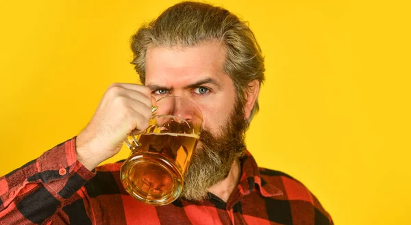 Fiesta de negocios. barman en el bar. descansando en el pub. ¡Salud! bar deportivo. probando una cerveza nueva. brutal hipster beber cerveza. hombre barbudo maduro celebrar vaso de cerveza. taza de bebida alcohólica. camarero seguro — Foto de Stock