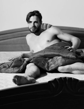 Yakışıklı, sakallı, maço, seksi, atletik vücutlu adam.