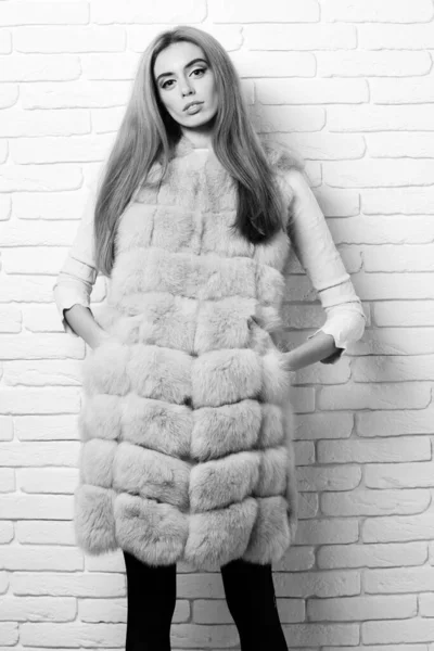 ファッショナブルなセクシー女の子で毛皮でレンガの壁のスタジオの背景. — ストック写真
