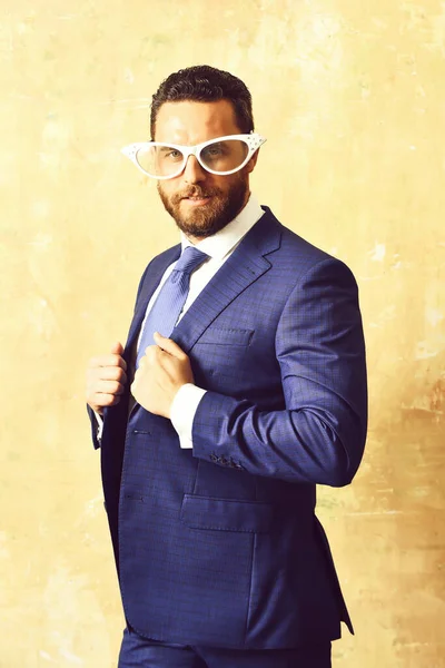 Business corporate party, handsome bearded man with retro white glasses — Stock Photo, Image