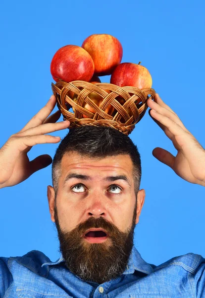 Yoğunlaşmış yüzlü çiftçi kafasında kırmızı elmalar tutuyor..