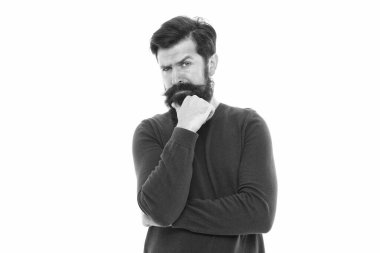 Saç stili ve sakallı bir adam karar veriyor. İş adamı konsepti. İyi bir karar için zaman gerekir. Düşüncelere daldım. Bilişsel süreç. Entellektüel çalışma. Çekici, olgun bir adam. Sakallı adam düşünüyor