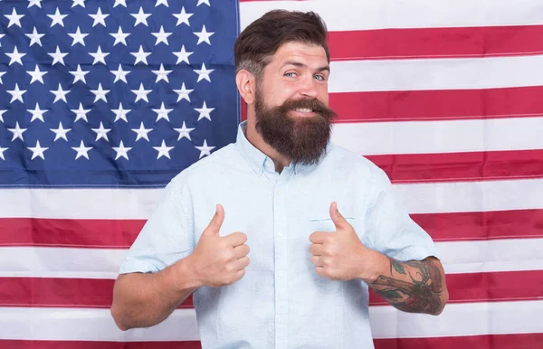 Man well groomed hipster stylish appearance american flag background, working for government concept — Stock Photo, Image