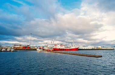 Reykjavik, İzlanda - 13 Ekim 2017: yaz tatilinde gemiyle seyahat. Şüpheye düştüğünde, tatile çık. Büyük bir geminin büyük bir denize ihtiyacı vardır.