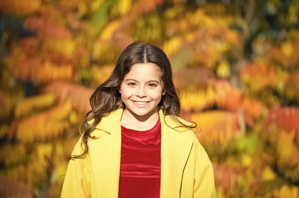 Autumn beauty. Girl smiling face walking in park. Trendy girl in autumn coat. Weather forecast. Happy little child outdoors nature background. Autumn warm weather. October to do list. Upcoming events