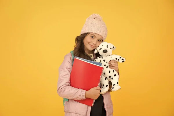 School and education. Care and treatment of animals. Studying veterinary medicine. Happy child hold toy dog and books. Little girl smile with soft toy. School classes. Toy dog. Learn and play