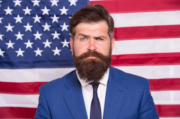 National holidays. Happy celebration of victory. Bearded hipster man being patriotic for usa. TV host. Proud of motherland. American reform. July 4. American citizen usa flag. American citizen — Stock Photo, Image