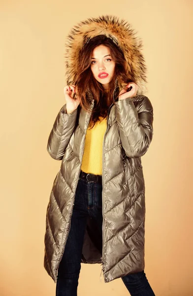 Shopping in any weather. flu and cold. seasonal fashion. woman in padded warm coat. beauty in winter clothing. cold season shopping. happy winter holidays. girl in puffed coat. faux fur fashion — Stock Photo, Image