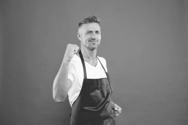 Evet, başardık. Neşeli olgun garson başarıyı kutluyor. Bir restoranda garsonluk. Siparişi o alacak. En iyi garson servisi. Kırmızı önlüklü yakışıklı garson. Başarılı küçük işletme sahibi