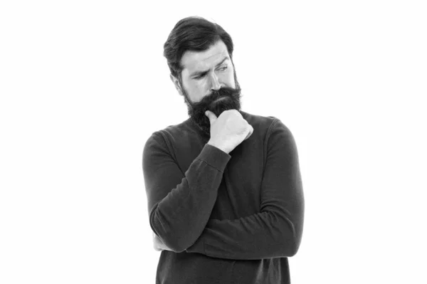 ¿Qué debo hacer? pensativo hipster con barba. moda y belleza del cabello. brutal hombre maduro expresando musa. emociones faciales humanas. hombre barbudo emocional pensando. hora de visitar la barbería — Foto de Stock