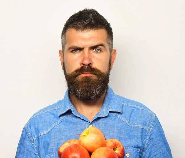Man med skägg håller röda äpplen isolerade på vit bakgrund. — Stockfoto