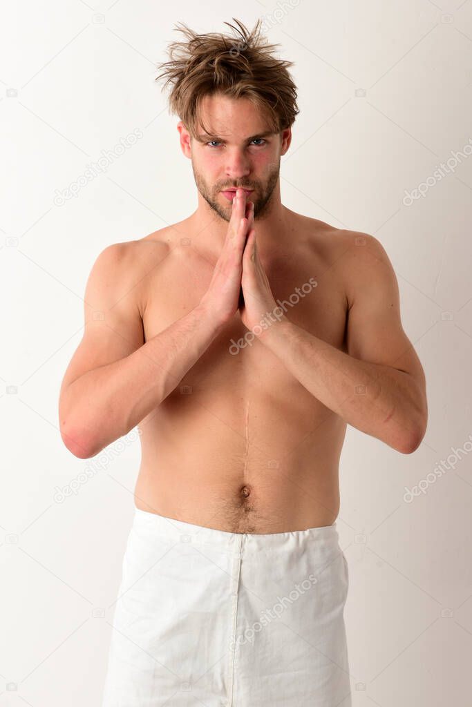 Man with confident face and bristle isolated on white background