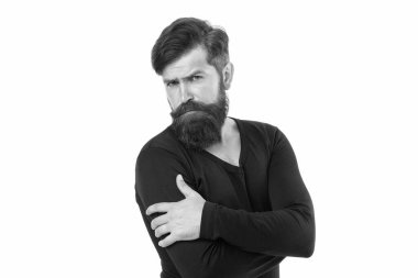 Kuaför salonu. Bireysel sakal stili. Genetik olarak büyüyebileceğin maksimum uzunluk. Uzun sakallı, beyaz bir adam. Sakallı, şık bıyıklı ve sakallı bir adam. Tıraşsız hippi. Moda konsepti