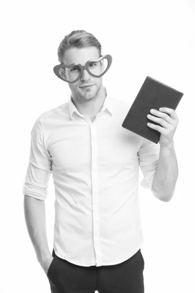 Bookworm and library concept. In love with poetry. University student with book. Romantic author. Teacher funny guy. Male student reading. Book nerd wearing cute glasses. Man with book. Study hard — Stock Photo, Image