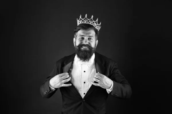 i am the best. King of style. bearded man wear golden crown. elegant man in formal wear at special event. Party king. he is vip client. Premium user concept. reward for business success. Top manager