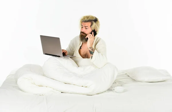 Online communication. Work from home. Hipster work laptop. Remote job. Shopping online. Electronic devices emit artificial blue light that can suppress release body sleep inducing hormone melatonin