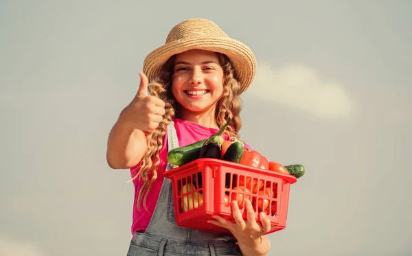 Food alternative. kid summer farm. Organic food. little girl vegetable in basket. Only natural. healthy food for children. happy little farmer. autumn harvest. harvest vitamin. spring market garden