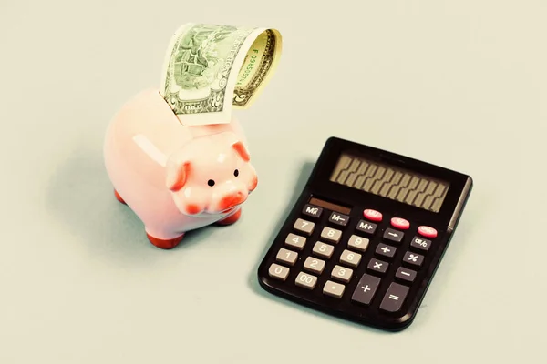 Bribing. bookkeeping. financial problem. money saving. Accounting and payroll. planning and counting budget. moneybox with calculator. Piggy bank. income capital management — Stock Photo, Image