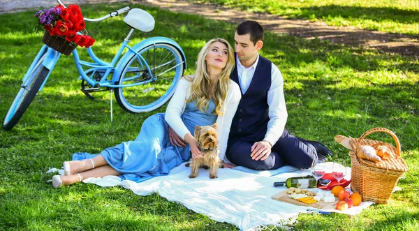 恋爱中的男人和女人庆祝爱情。情侣们抱在绿茵的草地上,抱着野餐篮放松一下.恋爱中的夫妻享受野餐的时光。春天的日期。有趣的夫妇在公园野餐。浪漫的约会 — 图库照片