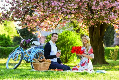 Şarapla romantik piknik. Birlikte mutluyuz. Piknik randevusu olan bir çift. Bahar hafta sonu. Çiçekler romantizmin ve sevginin sembolü. Mükemmel randevularının tadını çıkarıyorlar. Bisikletli çift parkta dinleniyor.