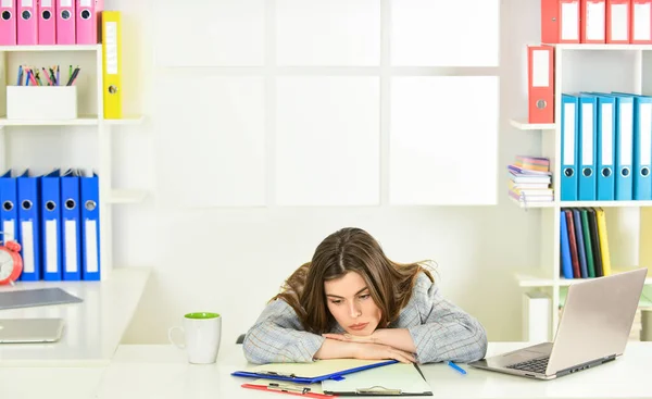 Fear of missing out. Burn out concept. Workaholic concept. Energy and tiredness. Girl fell asleep on table. Pretty woman sleep at workplace. Exhausted lady sleep at work. Psychological crisis — Stock Photo, Image