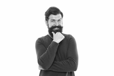 Saç stili ve sakallı bir adam karar veriyor. İş adamı konsepti. Çekici, olgun bir adam. Sakallı adam düşünüyor. İyi bir karar için zaman gerekir. Düşüncelere daldım. Bilişsel süreç. Entelektüel çalışma