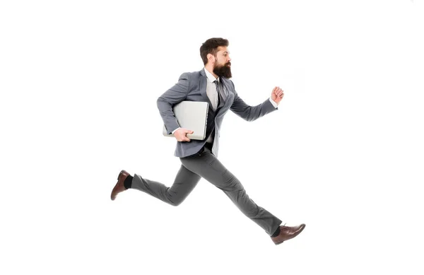 Towards success. Inspiring innovations. Businessman inspired guy feel powerful going to change world. Man inspired hold laptop while jump. Follow your dream. Keep moving. Inspired for start up — Stock Photo, Image