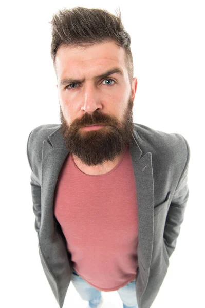 Man bär avslappnade snygga kläder. Manlig garderob. Herrkläder och mode koncept. Tips och tricks stilig man. Attraktiv och stilig. Skäggig och stilig. Skäggig hipster elegant fashionabla jacka — Stockfoto