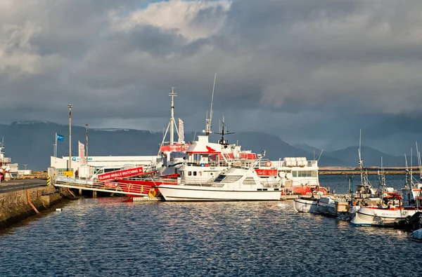 Reykjavik, İzlanda - 14 Ekim 2017: limana yanaşan gemiler. Gemiyle seyahat et. Doğal limanı görmenin en iyi yolu. Lüks içinde seyahat edin. — Stok fotoğraf