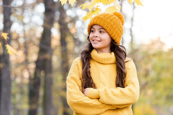 Chica en suéter y sombrero de punto amarillo. niño disfrutar de la naturaleza en el parque de otoño. el otoño es un tiempo para la diversión. moda de otoño para los niños. estilo otoño de niño. los géneros de punto le calientan en cualquier tiempo —  Fotos de Stock