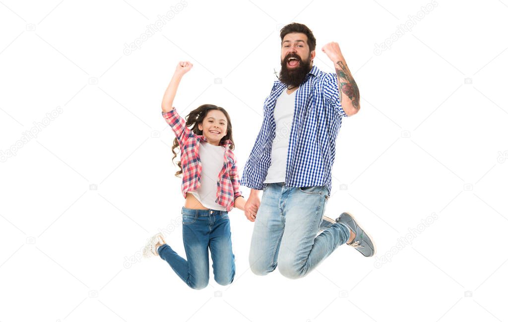 One more happy day. Fathers Day celebration. Father and little daughter jumping on fathers day. Bearded man and small child celebrating fathers day. Honoring fathers and celebrating fatherhood