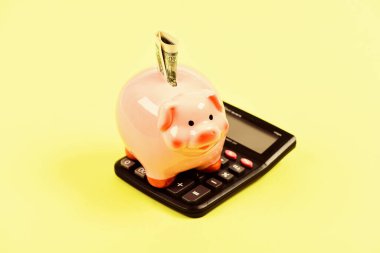 Tasarruf hesabı. Tasarruf. Tasarruf depozitosu tasarruf etmek için uygun esnek bir yoldur. Ekonomi ve finans. Piggy Bank Pembe Domuz dolar banknot ve hesap makinesi doldurdu. Mali refah