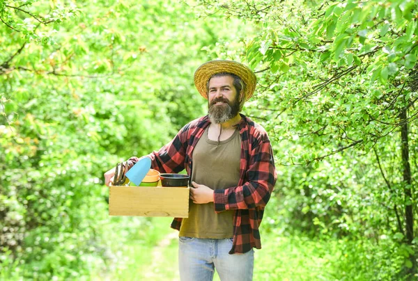eco farm. mature man gardener working in greenhouse. brutal male carry garden tools. human and nature. farming and floral concept. spring season. bearded farmer in straw hat with wooden box