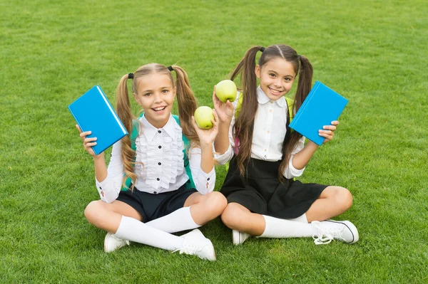 Crianças de escola perfeitas sentam-se na grama com livros, conceito de tempo escolar — Fotografia de Stock
