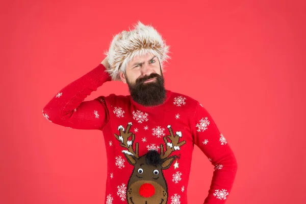 Emotional guy. Weather forecast. Winter fashion. Winter care. Cold days. Winter mood. Bearded hipster wear knitted sweater and furry hat. Barbershop services. Man with long beard and mustache — Stock Photo, Image