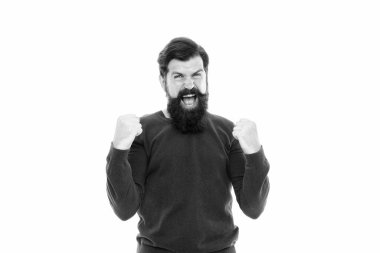 Bu gerçek bir zafer. Duygusal sakallı adam başarıyı hisseder. Berber dükkanından sonra erkek. Sakallı heyecanlı hippi. Saç modamız ve güzelliğimiz. Vahşi, olgun bir adam mutluluğu ifade ediyor. İnsan yüz duyguları