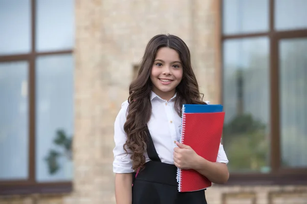 Dedicado à excelência. O miúdo feliz tem livros escolares. 1 de Setembro. De volta ao essencial da escola. Uniforme de moda. Código de vestuário formal. Olha para a escola. Roupa de escola. Dia do conhecimento. Ensino primário — Fotografia de Stock