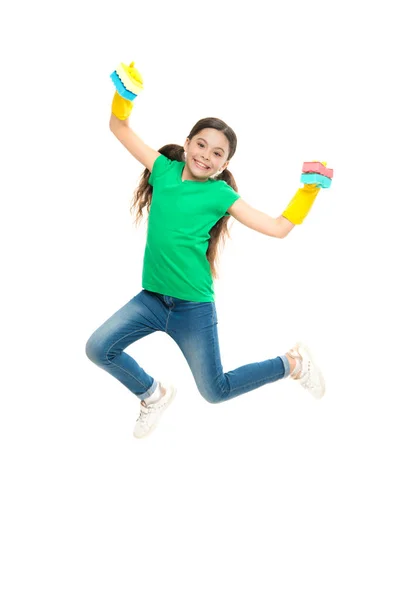 Now i am free. cleaning is finished. Kid cleaning at home. small girl well done. sponge helpful for cleaning. happy kid use sponge and clearing gloves. kid cleaning around. Protect sensitive skin — Stock Photo, Image
