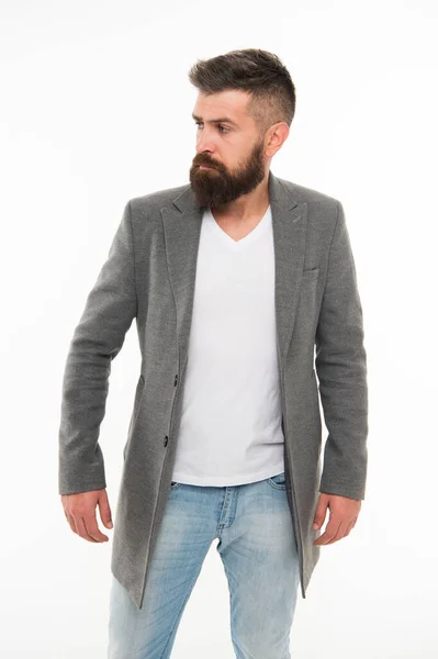 La simplicidad es la clave. Elegante atuendo casual. Ropa de hombre y concepto de moda. Hombre barbudo hipster elegante chaqueta de moda. Chaqueta casual perfecta para cualquier ocasión. Consulta de estilista. Traje moderno — Foto de Stock