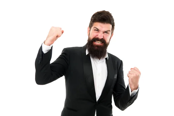 Libera a tu ganador interno y gana. Feliz ganador aislado en blanco. Un hombre barbudo grita haciendo un gesto ganador. Emocionado ganador celebrar la victoria. Éxito en los negocios. Solicitante con éxito —  Fotos de Stock