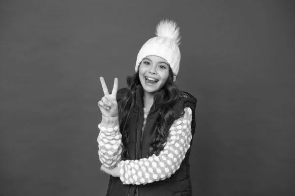 Good mood. Emotional wellbeing. Emotions concept. Girl enjoy winter. Good vibes. Cheerful child in cosy knitted outfit. Winter fashion. Childhood happiness. Winter activity. Positive concept
