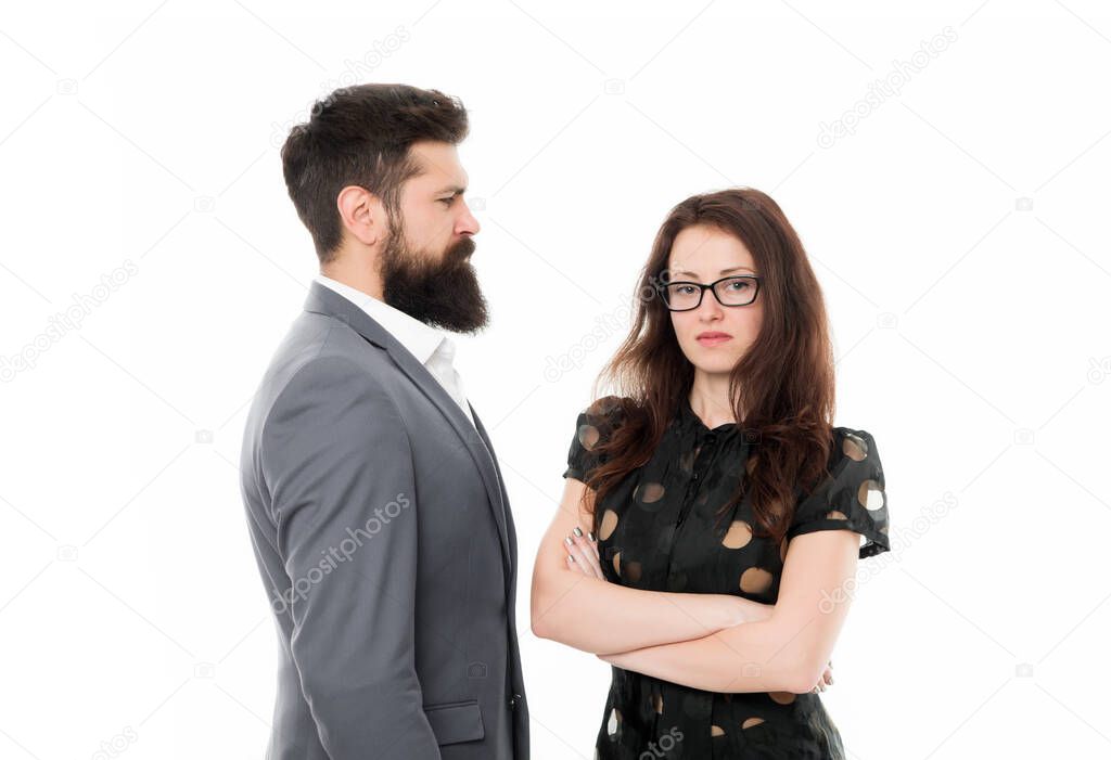 Nothing personal just business. Couple colleagues man with beard and pretty woman on white background. Business partners leadership and cooperation balance. Office job and business. Business concept