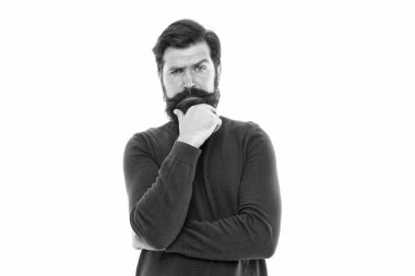 İyi bir karar için zaman gerekir. Düşüncelere daldım. Bilişsel süreç. Entellektüel çalışma. Çekici, olgun bir adam. Sakallı adam düşünüyor. Saç stili ve sakallı bir adam karar veriyor. İş adamı kavramı