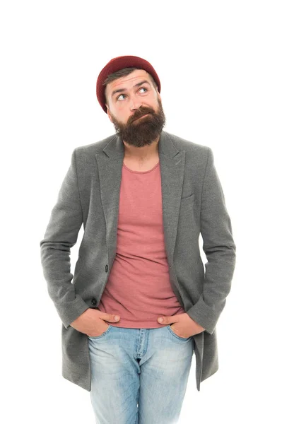 Una persona brutal hipster barbuda. Bully hipster. Escuela de buenos modales. Consejos y trucos hombre guapo. Un hipster de moda. Barbudo y guapo. Concepto de auto mejora. Hipster despreocupado — Foto de Stock